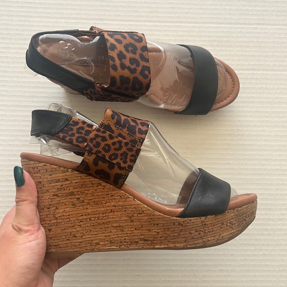 Lucky Brand Women's Size 8 Molina Leopard Leather Slip On Cork Slingback Wedge